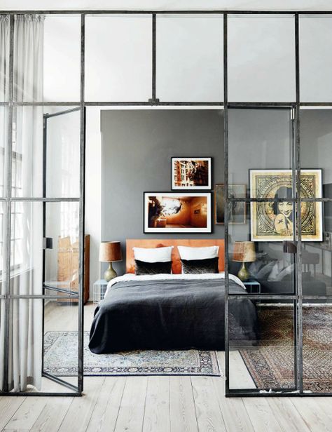 The Design Chaser: Windows + Doors | Steel-Framed = create a steel-framed window space to divide a large loft Modern Industrial, Diy Room Divider, Bilik Tidur, Hus Inspiration, Dreamy Bedrooms, Interior Design Magazine, Design Del Prodotto, Bedroom Styles, تصميم داخلي