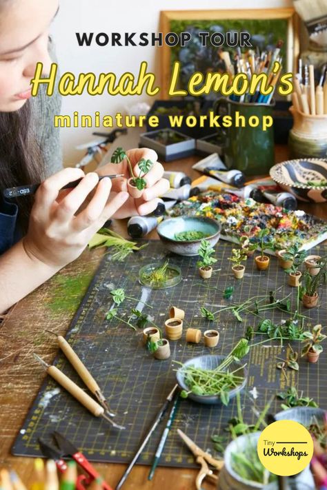 Hannah Lemon's miniature workshop. Miniature Projects Ideas, Miniature Tutorials Step By Step, Handmade Miniatures Ideas, Air Dry Clay Miniatures Diy, Miniature Diy Tutorials, Lemon Miniatures, Making Miniatures Diy, Miniature Plants Diy, Mini Things Diy How To Make