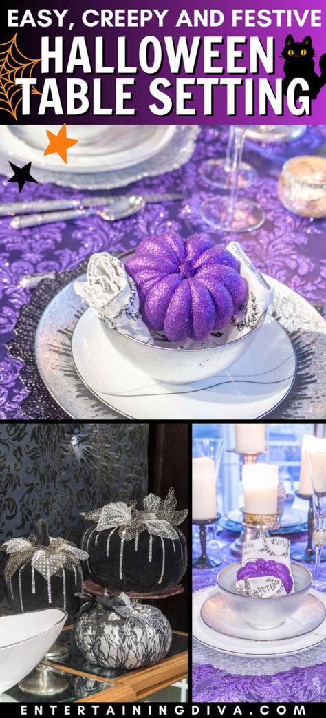 Elegant Purple, Black And Silver Halloween (Or Fall) Tablescape | Fall Decor Ideas Purple And Black Halloween, Maleficent Party, Halloween Dinner Party, Halloween Table Settings, Halloween Haunted House Decorations, Classy Halloween Decor, Classy Halloween, Halloween Tablescape, Halloween Party Dinner