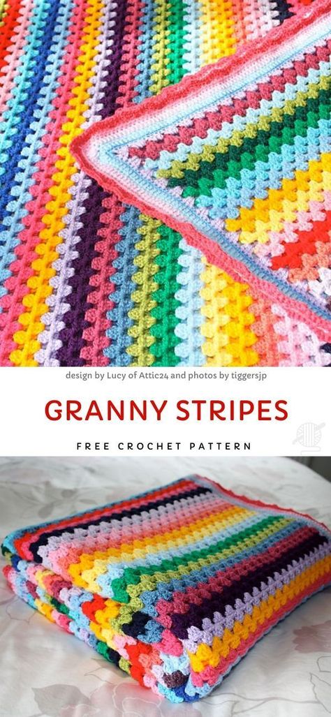 Granny Stripe Colorful Blankets. This blanket screams "happy", doesn't it? It safe to say, that it's got almost every color in it. Great project to use leftover yarn and don't worry about running out of the color you currently use. Beautiful project, very light, yet warm.  #freecrochetpattern #blanket #stripe Leftover Yarn Blanket, Crochet Blanket With Leftover Yarn, Granny Square Lapghan Pattern, Granny Stitch Blanket Pattern, Leftover Yarn Crochet Blanket, Aphgan Patterns Crochet, Granny Blanket Crochet, Crochet Blanket Leftover Yarn, Crochet Blanket Patterns Granny Square