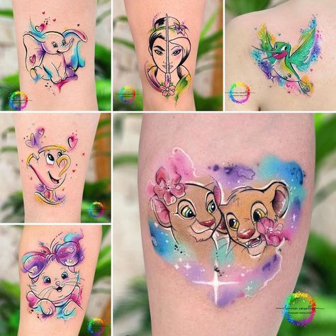 Disney Princess Sister Tattoos, Disney Watercolor Tattoo Ideas, Disney Tattoos Color, Pretty Disney Tattoos, Disney Color Tattoos, Disney Tattoo Color, Small Dumbo Tattoo, Disney Theme Tattoos, Small Disney Characters