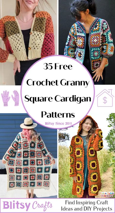 Crochet Squares Cardigan Pattern Free, Amigurumi Patterns, Crochet Cardigan Square Pattern, Cardigan From Granny Squares, Cardigan With Granny Square, Free Pattern For Granny Square Cardigan, Granny Squares Crochet Cardigan, Granny Square Long Vest Pattern Free, Crochet Patchwork Vest Pattern Free