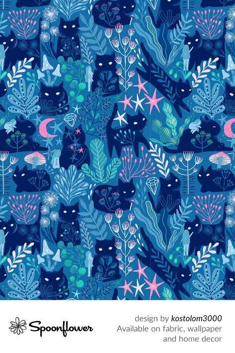 #Customize your own home decor, #wallpaper and #fabric at Spoonflower. Shop your favorite indie designs on fabric, wallpaper and home decor products on Spoonflower, all printed with #eco-friendly inks and handmade in the United States. #patterndesign #textildesign #pattern #digitalprinting #cats #stars #flowers #night Cats Pattern Wallpaper, Cat Fabric Pattern, Cat Fabric Print, Cat Pattern Wallpaper, Magic Pattern, Cats Tattoo, Night Pattern, Cat Patterns, Whimsical Patterns