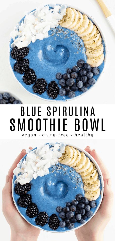 Blue Healthy Food, Blue Spriluna, Blue Spirulina Smoothie Recipe, Blue Majik Smoothie Bowl, Blue Spurilina Recipes, Coconut Base Smoothie Bowl, Healthy Acai Bowl Recipe, Acai Bowl Recipe Healthy, Blue Smoothie Recipes