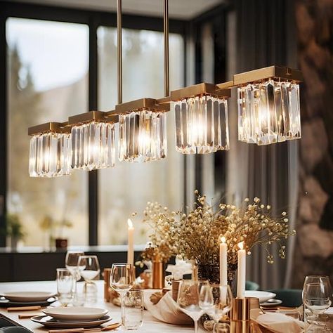 Diore Modern 5-Light Crystal Oversized Chandelier Gold Linear Glam Island Lights for Dining Room - L40.2"*H60" - On Sale - Bed Bath & Beyond - 39095343 Long Chandelier Dining Room, Modern Gold Chandelier, Dining Table Chandelier, Lights For Dining Room, Chandelier Gold, Kitchen Island Chandelier, Island Chandelier, Kitchen Chandelier, Dining Room Light Fixtures