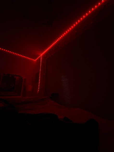 Red Lights Bed, Light Led Room, Red Lights In Bedroom, Bedroom With Red Led Lights, Dark Red And Black Bedroom, Dimly Lit Bedroom, Dark Room With Led Lights, Dimly Lit Room, Red Light Aesthetic Room