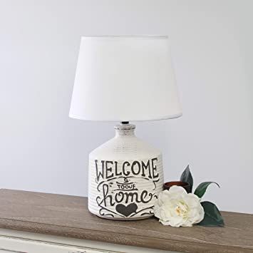 Simple Designs LT1066-HME Welcome Home Ceramic Farmhouse Table Lamp Country Kitchen Designs, White Wash Table, Farmhouse Table Lamp, Farmhouse Foyer, White Desk Lamps, Farmhouse Table Lamps, Farmhouse Lamps, White Linen Fabric, Shaped Table