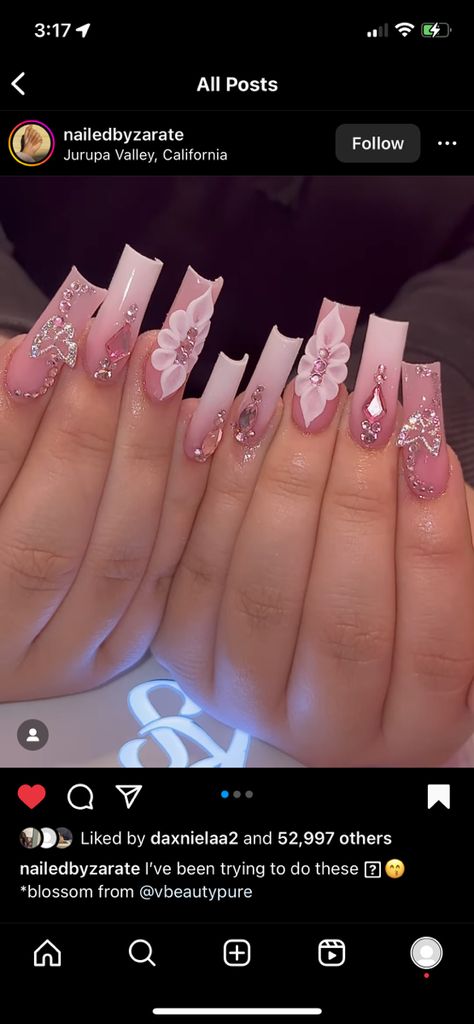 Acrylic Nails With Pink Rhinestones, Jelly Rhinestone Nails, Pink Quinceanera Nails Long, Makeup Ideas Light Pink, Latina Nails Acrylic Pink, Pink Buchifresa Nails, Pink Nails Latina, Pink Bling Nails Rhinestones Girly, Quinceanera Pink Nails