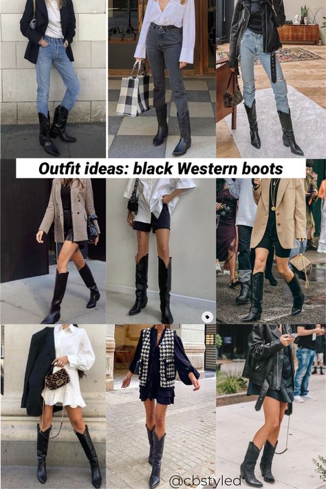 Tall Western Boots Outfit Fall, Outfits With Black Western Boots, Black Cowboots Outfits, Black Cowboys Boots Outfit, Fall Western Boot Outfit, Western Boots Women Outfits, How To Style Black Cowgirl Boots, Outfit With Black Cowgirl Boots, Outfit For Boots