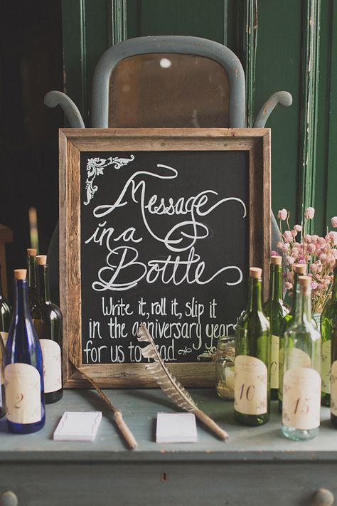 message in a bottle rustic wedding guest book | Jennifer Ling Photography | Glamour & Grace Vintage Weddings, Message In A Bottle Wedding, Creative Wedding Guest Books, Vintage Barn Wedding, Anniversary Message, Wedding Guest Book Unique, Rustic Wedding Guest Book, Card Table, Book Wedding