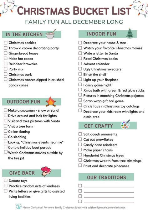 Christmas Bucket List - Fun All December Long (Free Printable) Christmas Time Bucket List, Bucket List For Christmas, December Checklist Fun, Christmas Season Bucket List, Christmas List Categories, To Do Christmas List, Easy Christmas Traditions, Family Christmas Bucket List, Christmas Family Bucket List