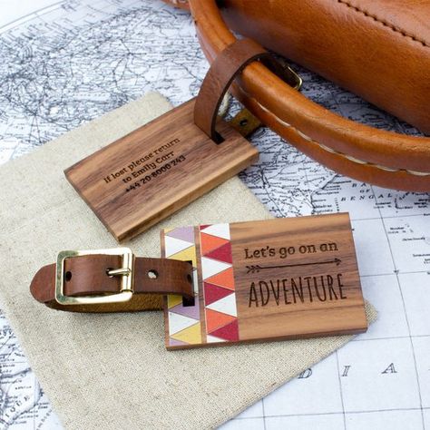 Personalised Wood Luggage Tag Adventure: Luggage Tag Diy, Match Velvet, Hessian Bags, Leather Luggage Tag, Personalized Luggage Tags, Personalized Luggage, Leather Luggage Tags, Wood Working Gifts, 5th Anniversary