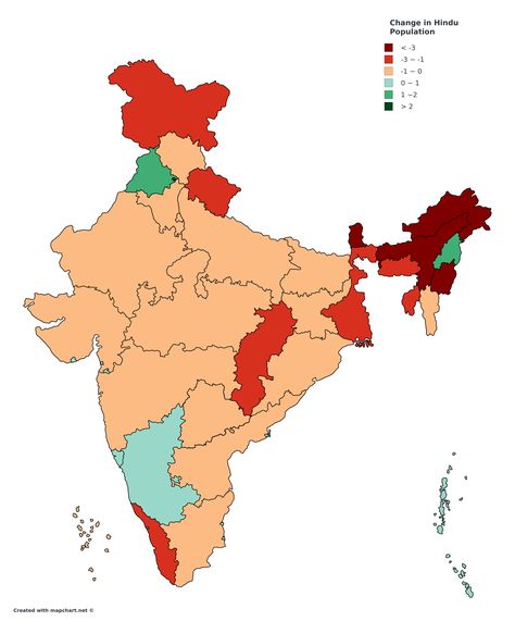 Change in Hindu population % by state from 2001 to 2011.(India) India Map Full Hd States, India Map Full Hd, India World Map, Asian Continent, Turkic Languages, Semitic Languages, Chinese Warrior, India Map, Blue Green Eyes