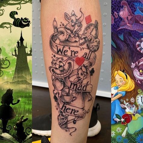 Alice In Wonderland Tattoo Leg, Cafe Tattoos For Women, Alice In Wonderland Leg Sleeve, Alice In Wonderland Tattoo Thigh, Alice In Wonderland Tattoo Sleeve Ideas, Cheshire Cat Tattoo Alice In Wonderland, Skeleton Leg Tattoo, Alice In Wonderland Sleeve Tattoo, Alice In Wonderland Tattoo Ideas Small