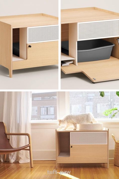 Furniture Litter Box, Cat Box In Cabinet, Cute Cat Litter Box Ideas, Corner Litter Box Ideas, Cat Furniture Modern, Custom Litter Box Cabinet, Furniture Litter Box For Cats, Cat Litter Box Ideas Aesthetic, 2 Cat Litter Box Ideas