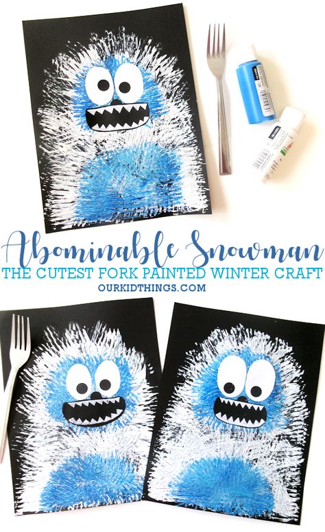 Abominable Snowman Fork Painted Craft - Our Kid Things January Art And Crafts For Kids, Preschool Winter Projects, Artic Crafts Preschool, Crafts For January For Toddlers, Make Believe Crafts For Preschool, Cold Day Crafts For Kids, January Arts And Crafts For Kids Easy, Winter Art And Crafts For Preschool, Snow Art Projects For Kids Preschool