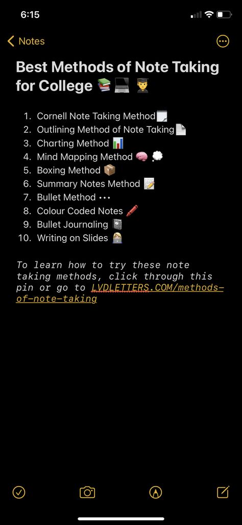 screenshot of college student’s notes on phone listing various productive methods of note taking for college students Best Note Taking Methods, Note Taking Methods For Math, Best Study Methods Colleges, Types Of Notes Taking Methods, One Note Aesthetic Notes, Different Study Methods, Study Supplies Aesthetic, Notes Taking Methods, Aesthetic Note Taking Tips