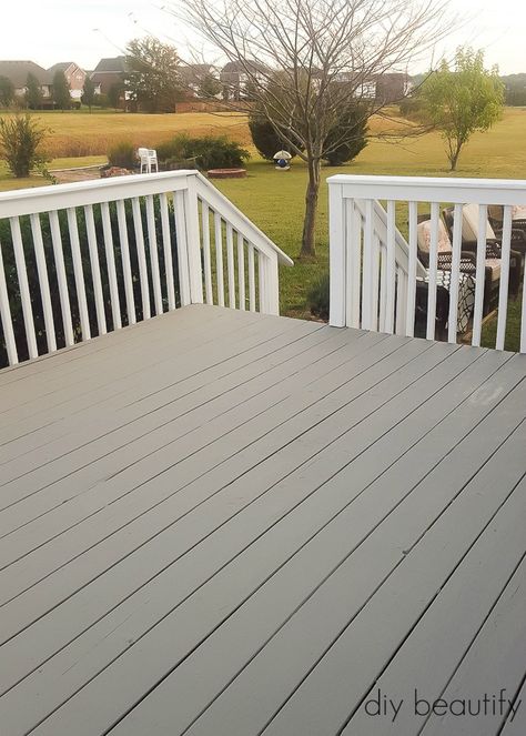 Don't replace your deck, update it with DeckOver paint! I'm sharing a full tutorial and review at DIY beautify! Grey Deck Paint, Exterior Remodel Before And After, Deck Paint Colors, Deck Over Concrete, Paint Deck, Grey Deck, Deck Stain Colors, Floor Paint Colors, Deck Makeover
