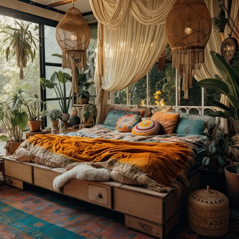 Mediterranean Boho Bedroom, Calming Boho Bedroom, Moroccan Boho Bedroom, Eclectic Boho Bedroom, Unique Headboard Ideas, Bedroom Decor For Couples Romantic, Dream Bedroom Inspiration, Small Bedroom Interior, Boho Bedroom Ideas