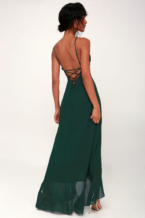 Ada Forest Green Lace-Up Maxi Dress Flattering Bridesmaid Dresses, Womens Formal Gowns, Lulus Dresses, Green Evening Gowns, Forest Green Dresses, Green Formal Dresses, Long Green Dress, Velvet Bridesmaid Dresses, Green Dress Casual