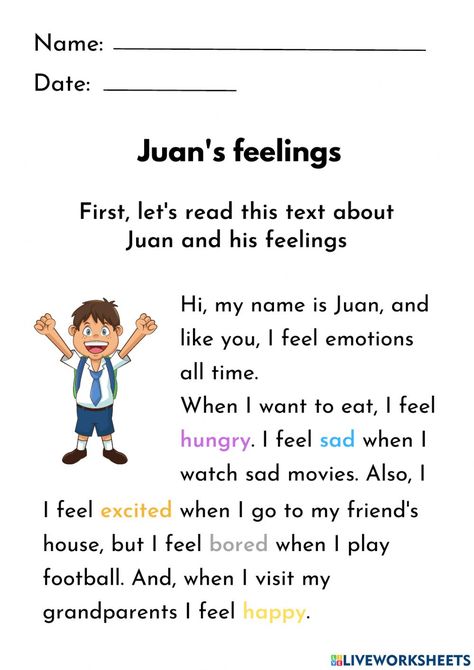 Feelings and emotions online worksheet for 4th. You can do the exercises online or download the worksheet as pdf. Worksheets About Feelings, Feelings And Emotions Activities Kindergarten, Feeling And Emotions Activities, Emotion Worksheets For Kids, Feelings Worksheet Preschool, Emotions Worksheet Preschool, Emotions And Feelings Activities, Feelings Worksheets For Kids, Feeling Worksheet