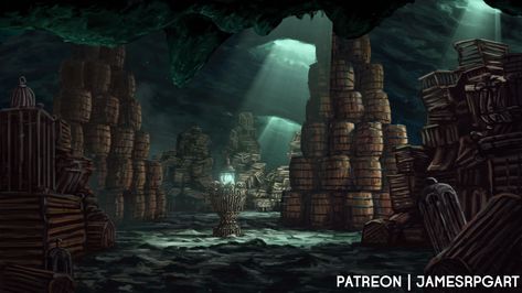 Playing a pirate game? This underwater ocean cavern is a bit of a different pirate setting but I think it works really well as a hideout or somewhere to store all your loot 🪙 Pirate Hideout Concept Art, Hideout Concept Art, Pirate Hideout, Art Catalogue, Underwater Ocean, Pirate Games, Fantasy Role Playing, Animation Artwork, Pirate Theme