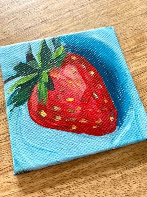 Watch this 10 minute strawberry painting tutorial on YouTube. I'll show you how to paint a strawberry with acrylic paint step by step. Strawberry Paintings Acrylic, Strawberries Canvas Painting, Mini Strawberry Painting, Painting Of Strawberries, Painting Of A Strawberry, Fruits Canvas Painting, Draw Acrylic Paintings, Simple Small Acrylic Paintings, Acrylic Painting Canvas Small