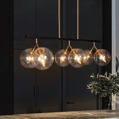 Modern Glam 6-Light Linear Chandeliers Orb Kitchen Island Lights with Globe Glass Shade - L 28.5" x W 11.5" x H 72.5" - Bed Bath & Beyond - 37551656 Pendant Bar Lights Over Kitchen Island, Unique Kitchen Island Lighting, Glass Pendant Lights Over Kitchen Island, Manson House, Linear Kitchen Island Lighting, Kitchen Chandelier Lighting, Counter Lights, Linear Kitchen, Lights Over Kitchen Island