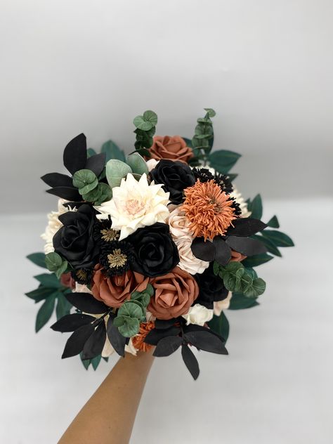 Burnt orange and black bouquet from 100% handmade flowers and greenery.Everlasting, never fading, pretty realistic.Wedding bouquet is decorated with ribbons.Also bouquet can be completed with boutonnieres and corsages at the same style.Bouquet is available in 3 sizes: 7, 9 and 12 inchesIf you like the design but your wedding is in other color do not hesitate to contact me custom orders are welcome.When placing the order, please Specify the event dateOther colors are also available. Contact me fr Black Green Burnt Orange Wedding, Black White And Burnt Orange Wedding, Black Sunflower Bouquet, Black Rose Wedding Bouquet, Black Green And Orange Wedding, Orange And Black Bouquet, Prom Flowers Bouquet Black Dress, Burnt Orange And Black Wedding, Black And Burnt Orange Wedding