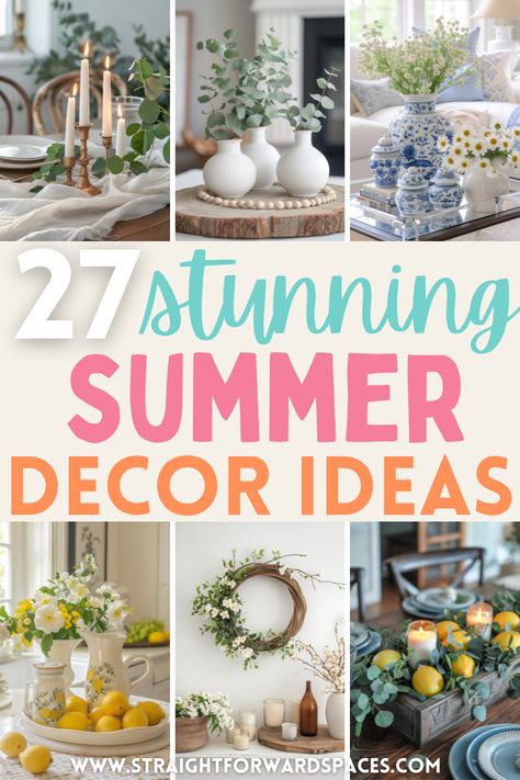 27 Gorgeous and Fresh DIY Summer Decorations For Home Summer House Decor Ideas Living Room, Small Centerpieces Simple Diy, Simple Diy Home Decor Ideas Creative, Summer Console Table Decor, Summer Table Decor Ideas, Home Summer Decor, Easy Diy House Decor Ideas, Simple Summer Decor, Every Day Table Decor