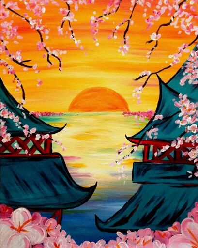 Beautiful japanese painting Acyrlic Painting, Easy Landscape Paintings, Art Asiatique, Japon Illustration, Painting Idea, Landscape Paintings Acrylic, Simple Acrylic Paintings, Lukisan Cat Air, Nature Art Painting