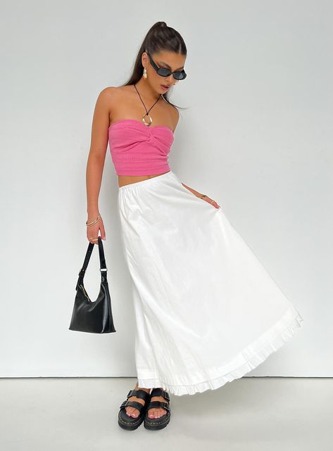 Empress Of Love Maxi Skirt White Greece 2024 Outfits, Womens Maxi Skirts Outfits, White Flowy Skirt Outfit Summer, Maxi Summer Skirt, White Long Skirts, White Linen Maxi Skirt, White Maxi Skirt Outfit Summer Casual, Long White Denim Skirt Outfit, Outfits With Long White Skirt