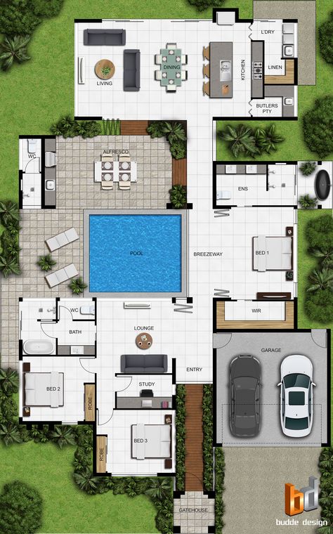 Home Site Plan, House With Views Floor Plans, 3 Bedroom Modern House Plans Open Floor, Pool Front Of House, Open Plan Floor Plan, House With Pool Plans, Modern House Floor Plans Open Concept, 3d Home Design Floor Plans, Open Plan House Plans