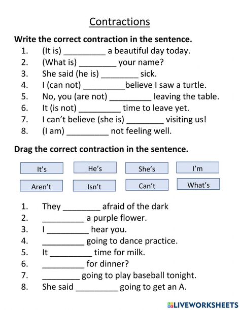 Contraction Worksheet For Grade 1, Contraction Words Worksheets, Contraction Worksheet 3rd Grade, Contractions Worksheets 1st Grade, Contractions Worksheets 2nd Grade, Contractions Anchor Chart, Contractions Worksheet, Second Grade Worksheets, Contractions Activities