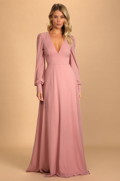 Wrap Long Sleeve Dress, Dusty Rose Long Sleeve Bridesmaid Dress, Long Sleeve Boho Bridesmaid Dress, Blush Pink Bridesmaid Dresses With Sleeves, Bridesmaids Long Sleeve Dresses, Blush Bridesmaid Dresses With Sleeves, Dusty Pink Maxi Dress, Dresses With Bishop Sleeves, Bridesmaid Gown With Sleeves Classy