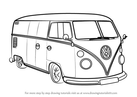 Learn How to Draw Volkswagen Van (Other) Step by Step : Drawing Tutorials Vw Van Drawing, Volkswagen Bus Art, Van Drawing, Bus Drawing, Van Volkswagen, Vans Painted, Bus Art, Van Lines, Vw Art