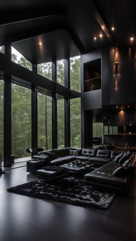 Dark luxury house in a forest Black Modern Mansion Interior, Forest Luxury Home, Dark House Aesthetic Living Room, Black Interior Modern House, Dark Green House Aesthetic Modern, Black House Ideas Interior, Modern Dark House Aesthetic, Dark Modern House Living Room, Black And Grey House Aesthetic