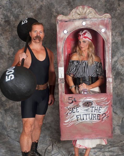 Carnival Fortune Teller Costume, Circus Halloween Costumes Diy, Fortune Teller Halloween Costumes Diy, Circus Side Show Halloween Costumes, Couples Circus Costume, Fortune Teller Circus Costume, Vintage Circus Halloween Costumes, Circus Strongman Costume, 2024 Costumes Ideas