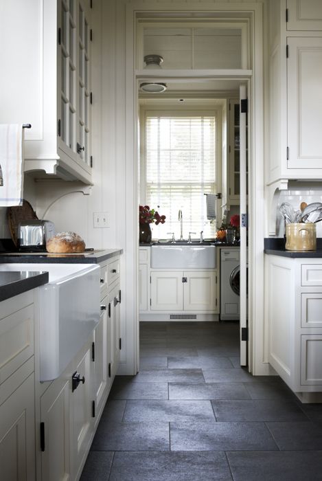 Slate Floor Kitchen, Black Slate Floor, Kitchen Tile Inspiration, Frameless Kitchen Cabinets, Slate Kitchen, Slate Tile Floor, Slate Flooring, Cabinet Ideas, White Cabinetry