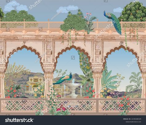 Mughal Garden Illustration, Mughal Art Paintings Illustrations, Palace Illustration, Palace Painting, Mughal Garden, Diwali Design, Indian Wedding Invitation Card Design, Peacock Garden, Caricature Wedding