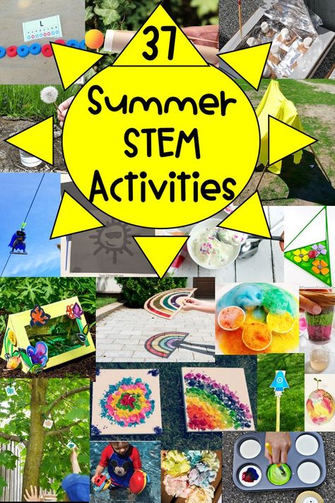 The pin shows a collage of pictures of STEAM activities such as fizzing rainbow, sunscreen imprint on paper, melting DIY smores, rainbow shadows and DIY bug home. Summer Diy Activities For Kids, Things For Kids To Do In The Summer, Summer Activities Age 7, Summer School Activities For Kids, Kid Summer Activities At Home, Kids Summer Learning Activities, Busy Kids Activities, 1st Day Of Summer Activities, Science Summer Activities For Kids