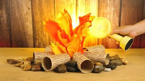 Miniature Fire Pit, Paper Fire Logs, Faux Fire Pit, Fake Firepits, How To Make Flames Out Of Tissue Paper, Diy Fire Decorations, How To Make A Fake Campfire, Fake Campfire With Lights, Diy Fake Fire Pit