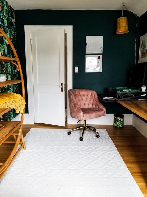 Emerald Green Office Chair, Moody Office Women, Masculine Boho Office, Dark Teal Office Walls, Black Boho Office, Industrial Boho Office, Botanical Home Office, Boho Eclectic Office, Boho Office Space Workspaces Business