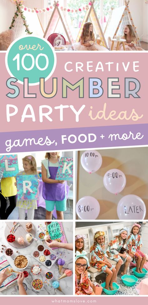 Slumber Party Activities, Food Ideas For Kids, Girls Sleepover Party, Birthday Sleepover Ideas, Slumber Party Birthday, Girls Slumber Party, Glamping Party, Slumber Party Games, Sleepover Birthday Parties