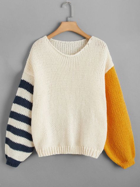 Sweater With Different Color Sleeves, Colored Knitted Sweater, Colorblock Knit Sweater, Two Color Crochet Sweater, Color Block Knit Sweater, Crochet Sweater Color Block, Color Block Knit Sweater Pattern, Drop Shoulder Sweater Knitting Pattern, Color Block Sweater Knitting Pattern