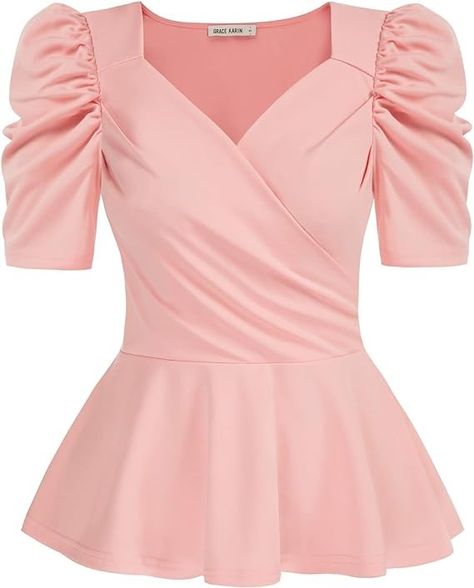 Amazon.com: GRACE KARIN 2024 Womens Summer Tops Elegant Peplum Top Wrap V Neck Puff Short Sleeve Shirts Tops Blouse : Clothing, Shoes & Jewelry Tela, Womens Peplum Tops, Peplum Tops, Fitted Blouses, Hem Design, Womens Tops Summer, Pants And Leggings, Casual Skirts, V Neck Blouse