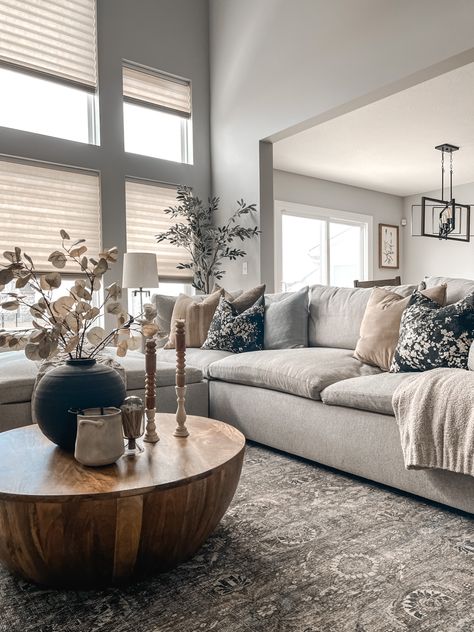 Gray Sofa Coffee Table, Gray Living Room Couch Decor, Sectional Living Room Coffee Table, Rugs For Gray Sofa, Sw Zircon, Couch And Ottoman Ideas, West Elm Harmony, Wood Coffee Table Decor, Living Room Decor Grey Couch
