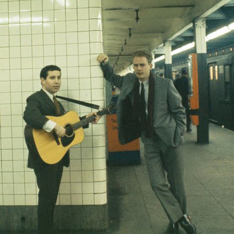 Simon and Garfunkel, 5th Avenue and 53rd Street subway, 1964. Photo by Henry Parker (cover shoot for "Wednesday Morning, 3am"). Rock Band Photos, Simon And Garfunkel, Simon Garfunkel, Pop Rock Music, Paul Simon, When Im Bored, Wednesday Morning, Old Music, 5th Avenue