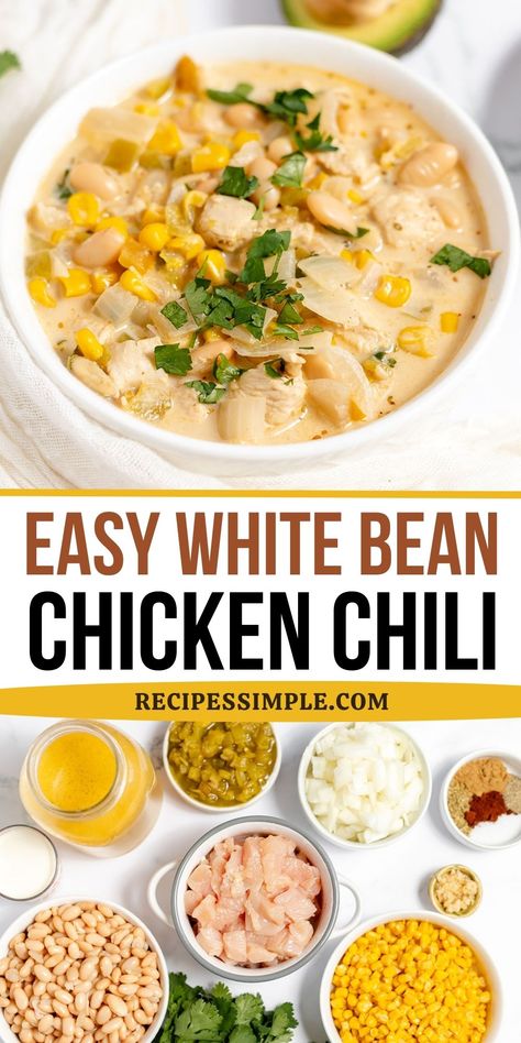 This hearty White Bean Chicken Chili Recipe is easy to make with tender chicken, white beans, and sweet corn, all in a flavorful broth. Easy chili recipe for fall and winter. Easy White Bean Chicken Chili, White Bean Chicken Chili Slow Cooker, White Bean Chicken Chili Recipe, Chili Soup Recipe, Chicken Chili Soup, White Chicken Chili Recipe Crockpot, White Chicken Chili Healthy, Chili Recipe Stovetop, Easy Chili Recipe