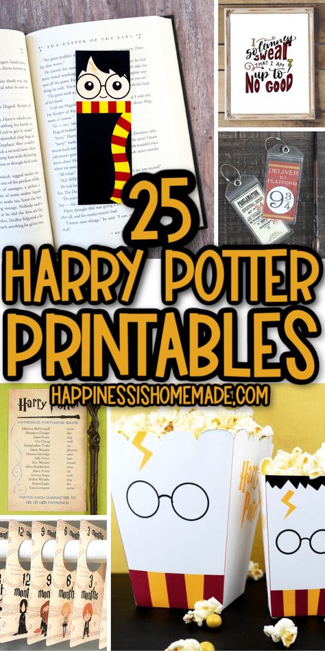 These free Harry Potter printables are sure to please witches, wizards, and muggles alike! Printable Harry Potter games, crafts, home decor, party ideas, and more! Decorating Harry Potter Party Ideas, Harry Potter Sorting Hat Activity, Harry Potter Printouts, Harry Potter Party Invitations Printable, Free Printables Crafts, Harry Potter Foldables, Harry Potter Giveaway Ideas, Diy Harry Potter Cards Birthday, Harry Potter Bingo Free Printable